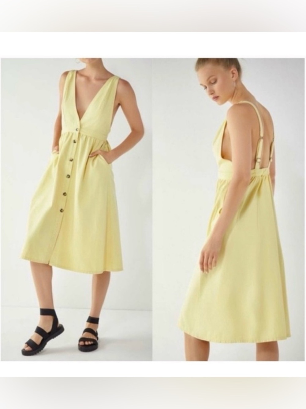 UO Danny Yellow Plunging Button Down Denim Midi Dress Sleeveless Urban Outfitter